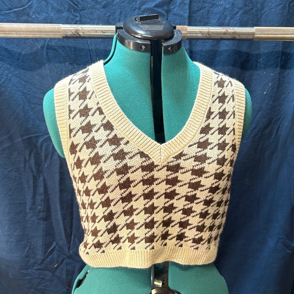 Garage Cream and Brown Knit Houndstooth Sweater Vest